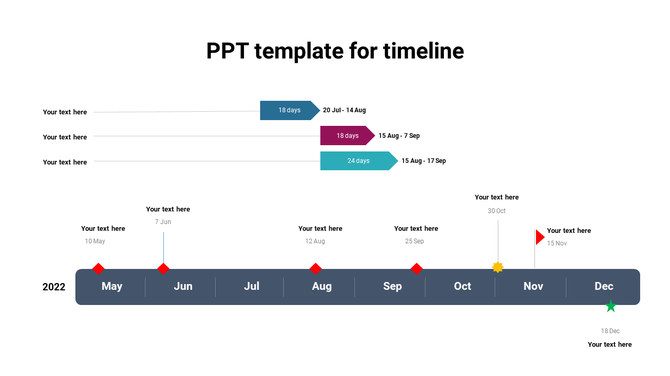 A timeline slide with sections displaying important project dates and phases, from May to December 2022 on a white backdrop.