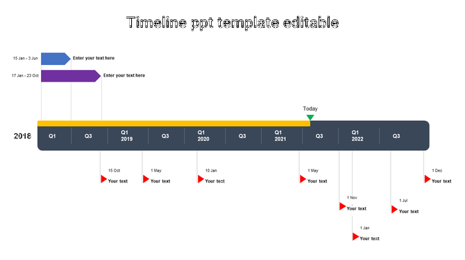 Timeline graphic featuring a dark bar, with yellow progress line, purple and blue task arrows, and red milestone flags.