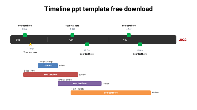 Timeline PowerPoint template with dates from September to November 2022 and colored milestones.