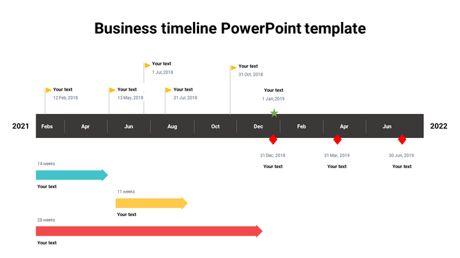 Business timeline with a dark horizontal bar, colored arrows, and markers in yellow, red, and green on a white background.