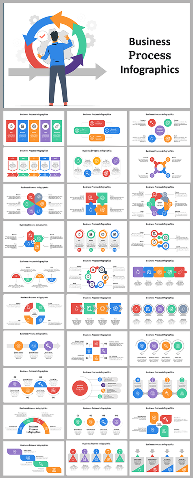 Alt: Business process infographic slide with a modern multicolor design for presenting sequential business steps and strategy.