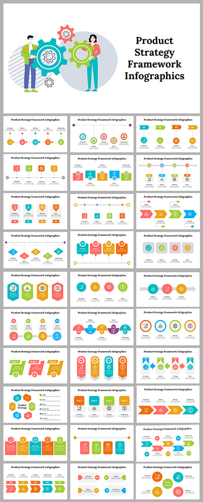 Slide pack showing product strategy frameworks with colorful infographics, including gears, arrows, and step diagrams.