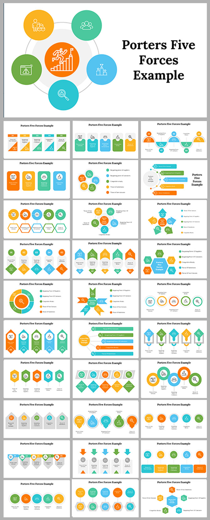Porter five forces slide deck with circular, hexagonal, and arrow shaped infographics in green, blue, and orange tones.