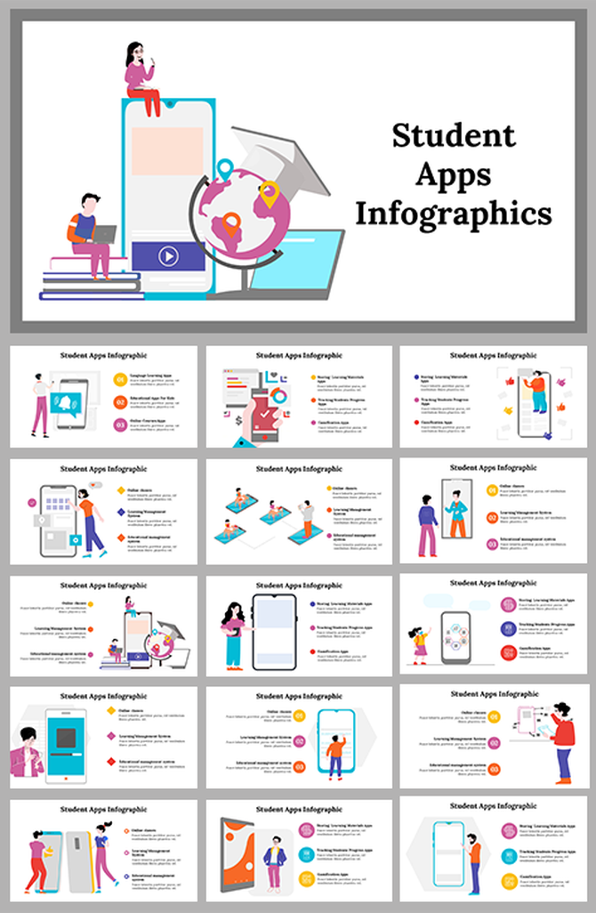 Set of infographic slides on student apps, with visuals of devices, books, and students engaging in learning activities.