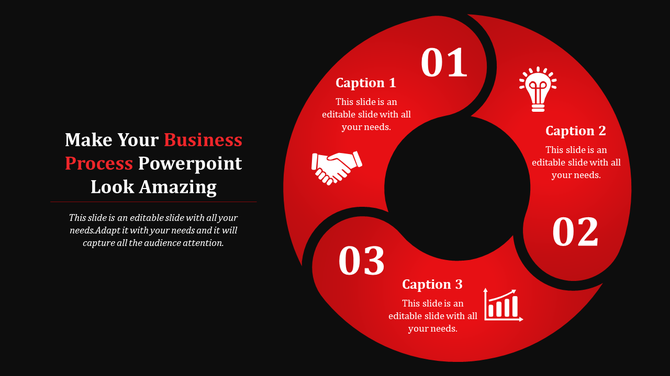 Business process template with a red circular design, featuring icons accompanied by three numbered captions.