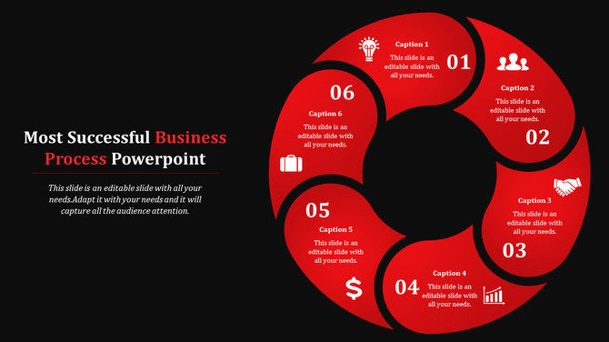Business process slide with six numbered segments, each showing an icon representing different business steps.
