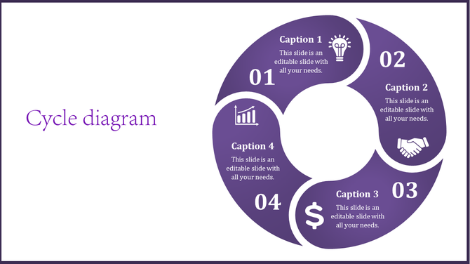 Cycle diagram with four numbered purple segments featuring white icons and text placeholders.