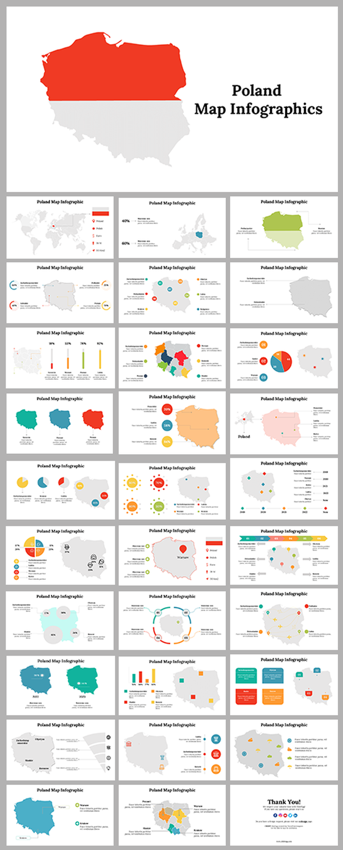 Poland map infographics slide deck with various data visualization styles across multiple slides.