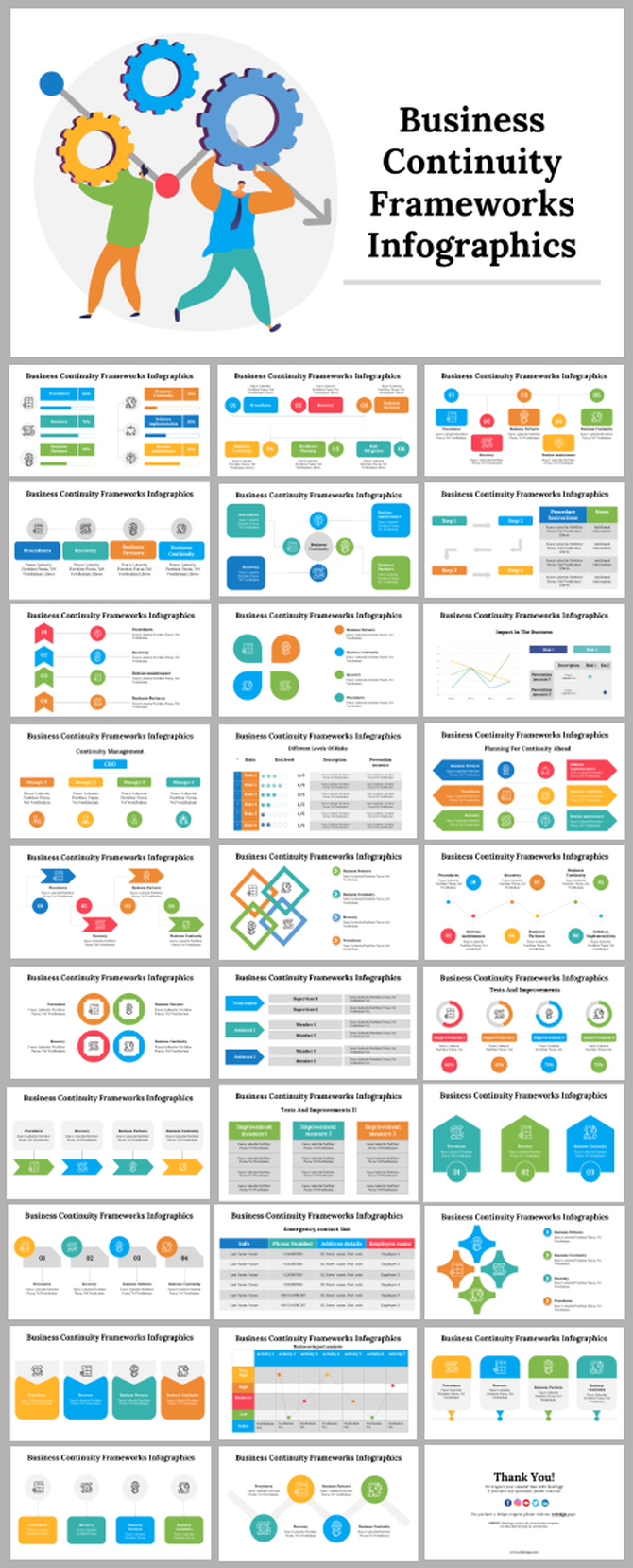 Business continuity framework infographic slide deck with two people holding large gears, symbolizing collaboration.
