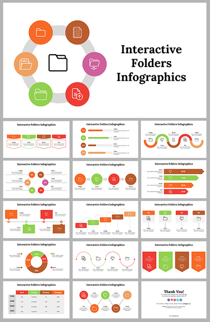 Collection of interactive folder infographic templates featuring folder icons, flowcharts, and timeline elements.