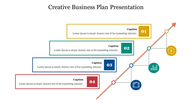 Business plan slide with four numbered colorful boxes, connected by a rising arrowed line, featuring icons.