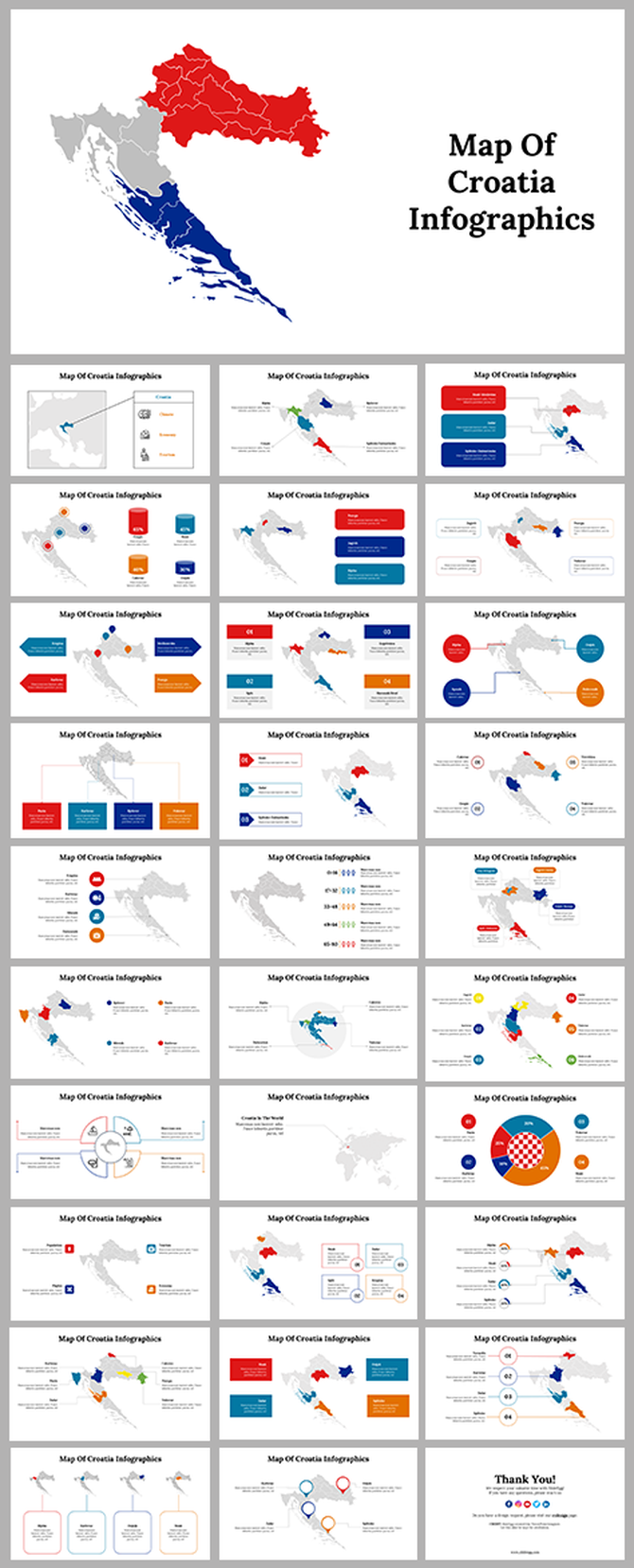 Croatia map infographics slide deck with regions highlighted in red, blue, and gray, featuring various data visualizations.