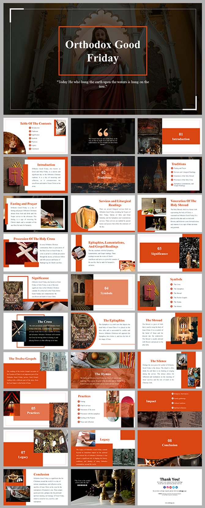 Orthodox Good Friday with multiple slides covering traditions, significance, services, and symbols of the day.