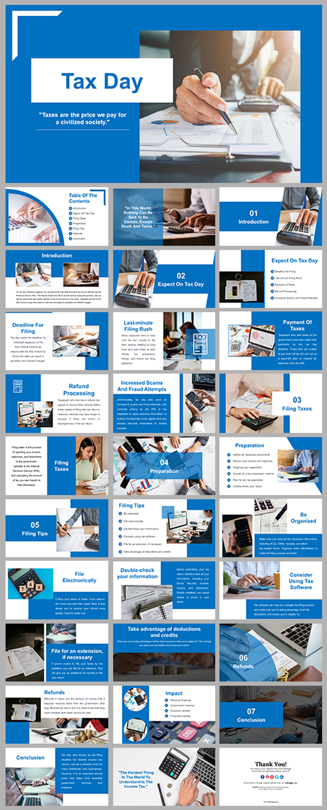 Slide deck with sections on filing deadlines, tax software, refund process, and tips for organized tax preparation.
