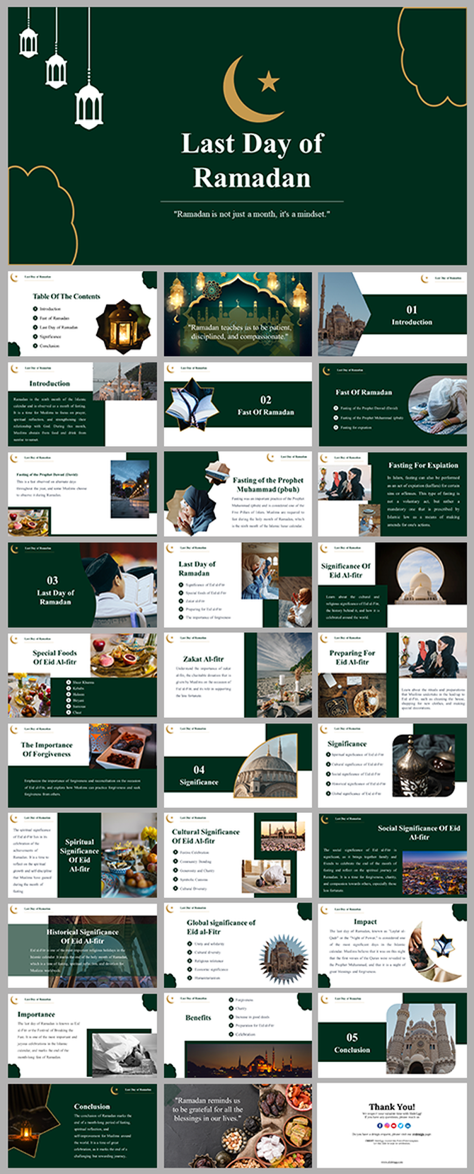 Ramadan slides with green background, gold crescent motifs, and detailed sections on fasting, celebrations, and forgiveness.