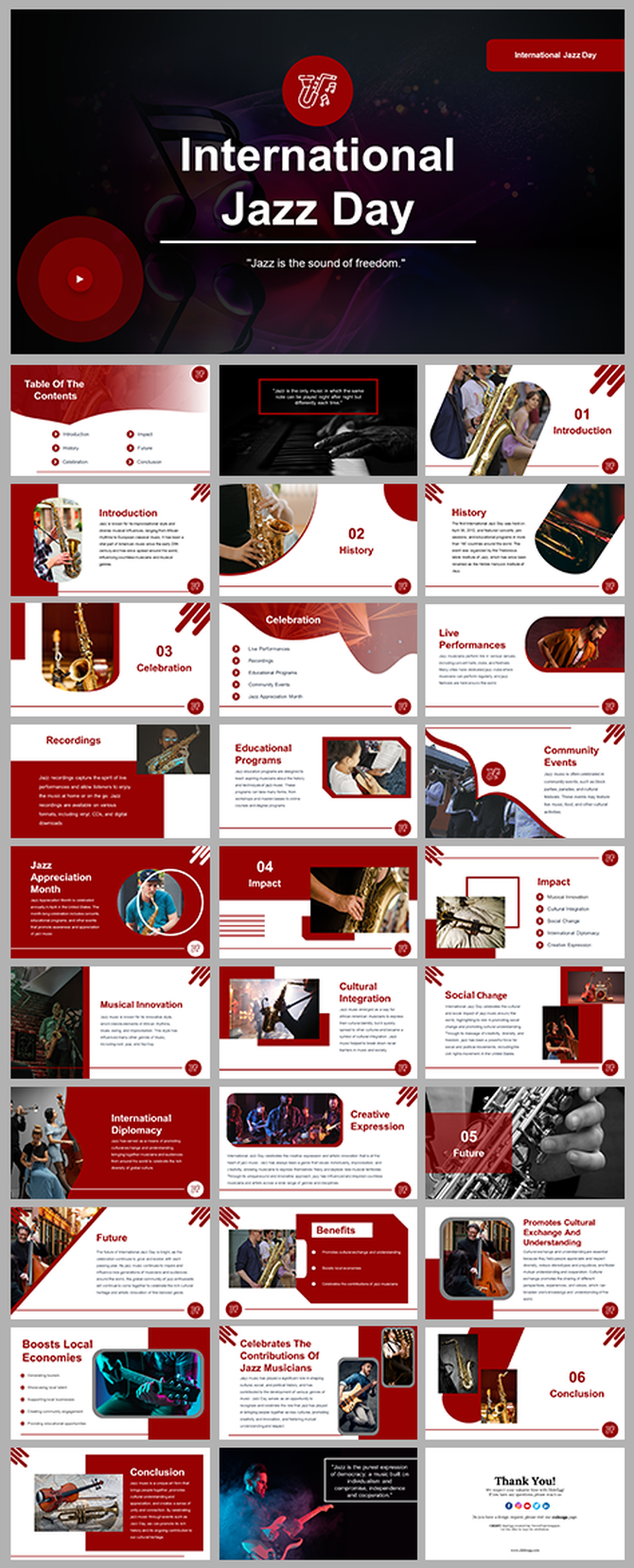 International jazz day slides featuring red and black theme, showcasing cultural impact, history, and key events.
