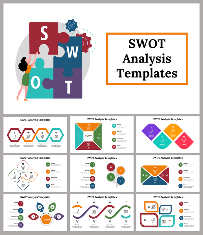 Collection of colorful SWOT analysis templates with creative shapes, featuring hexagons, arrows, circles, and squares.