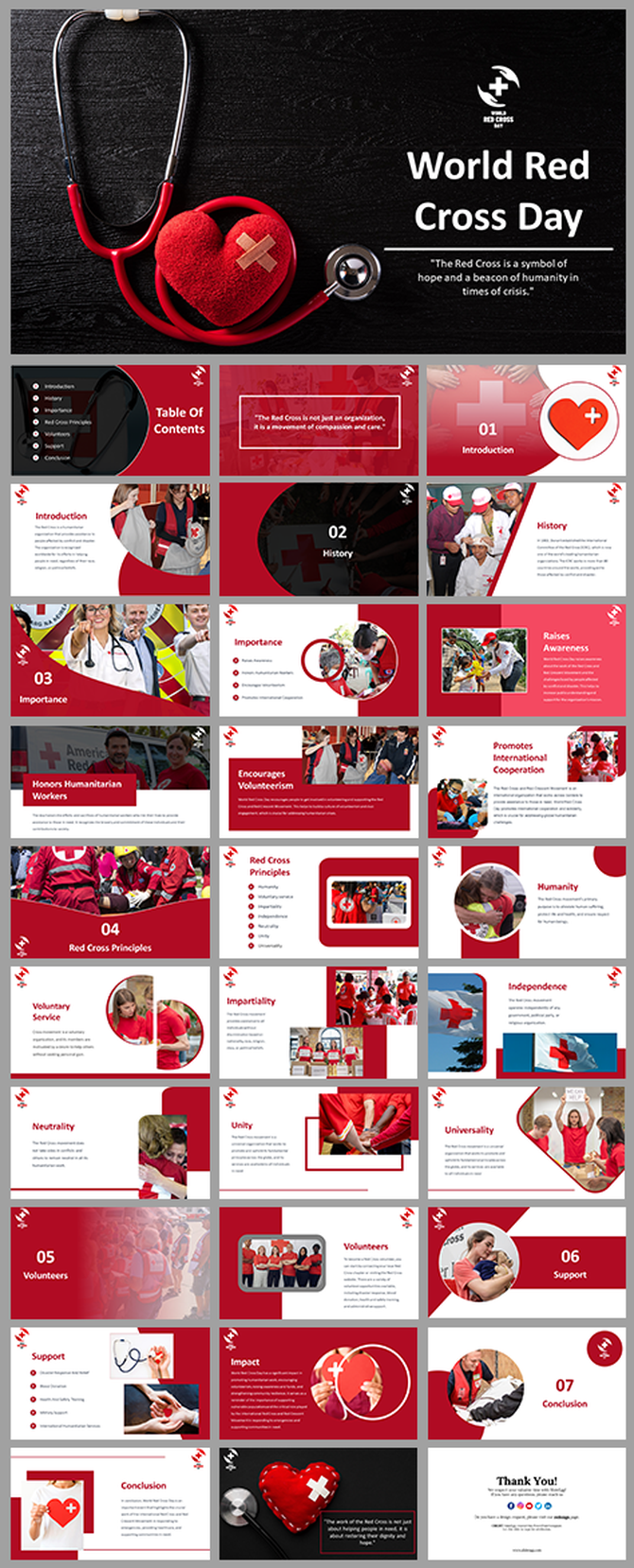 Deck of slides in red and white themes with images, text, and icons focused on the history, and principles of the Red Cross.