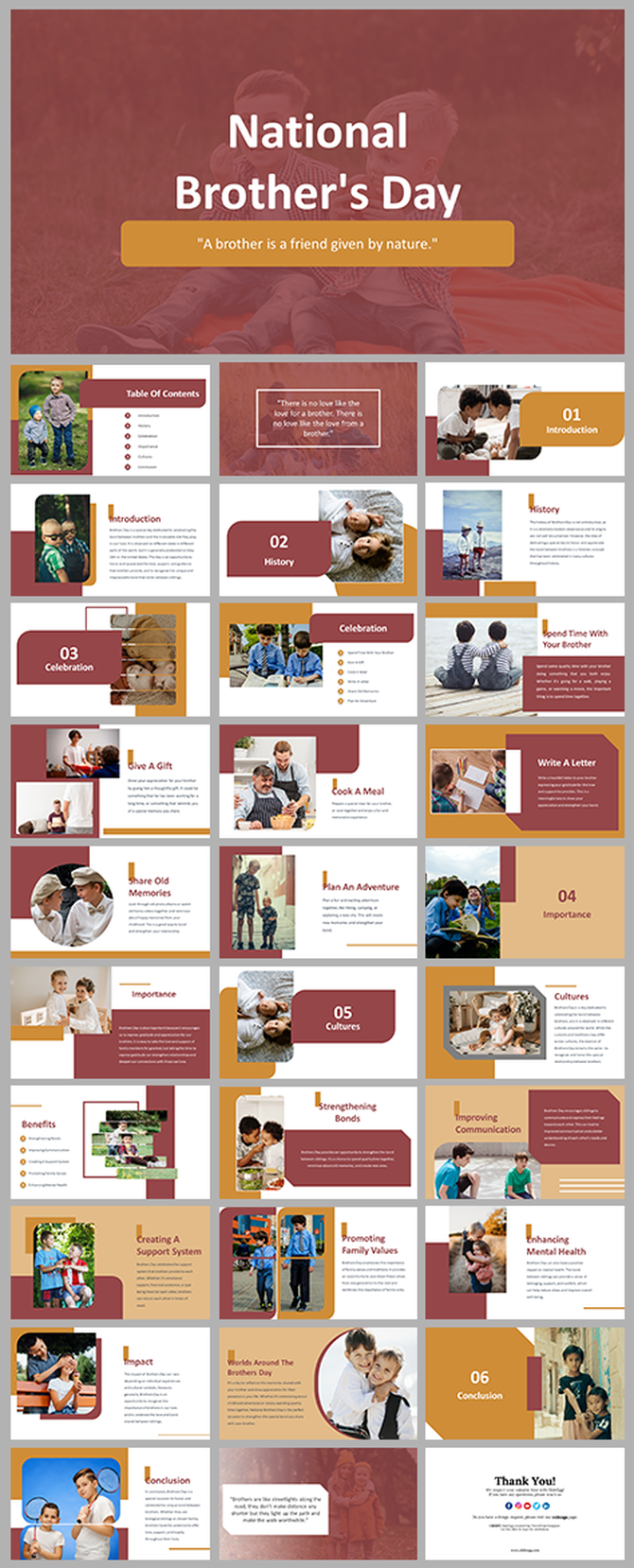 National Brother's day slides featuring images of siblings in brown and orange color blocks, and text boxes.
