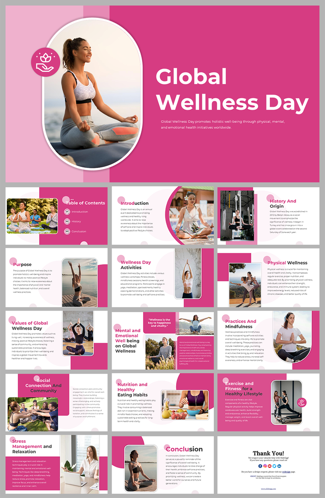 Pink themed slide deck focusing on health and wellness through exercise, mindfulness, and relaxation.
