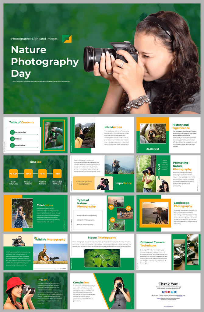 Nature Photography day features slides on its types, history, techniques, and the importance of nature on a green theme.