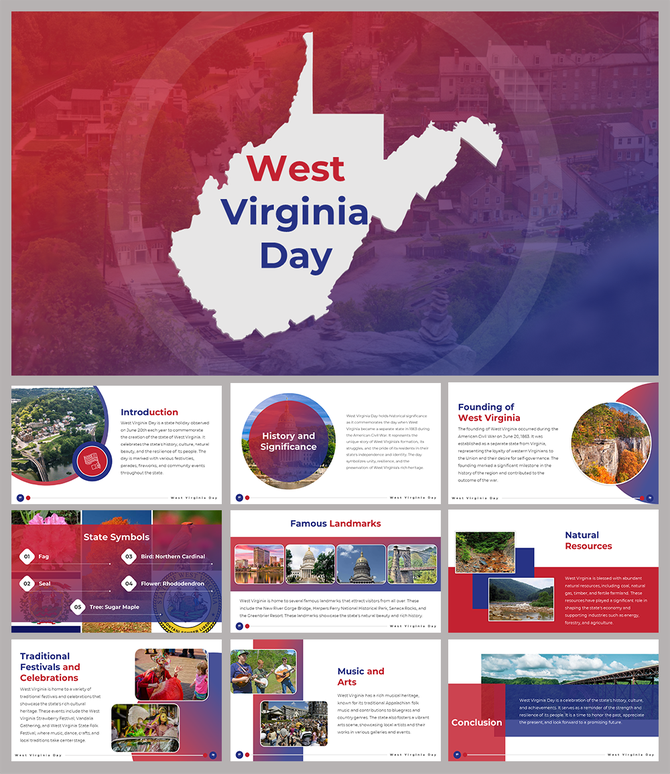 West Virginia day slide deck with red, white, and blue theme, showcasing state history, landmarks, and natural resources.