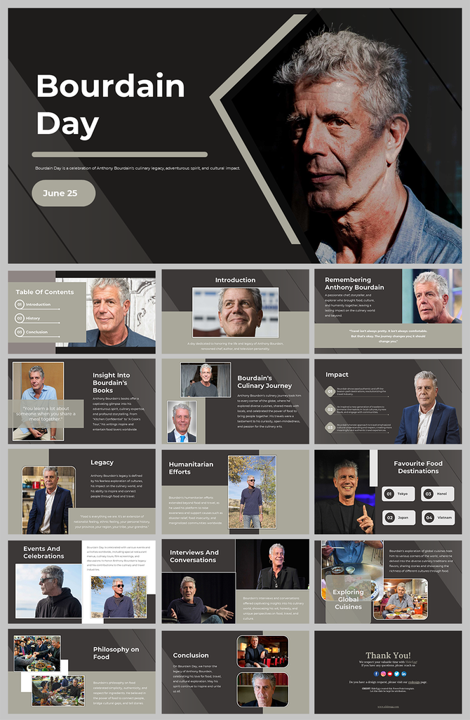 Bourdain day slide deck showcasing images and sections on culinary journey, impact, legacy, and favorite food destinations.