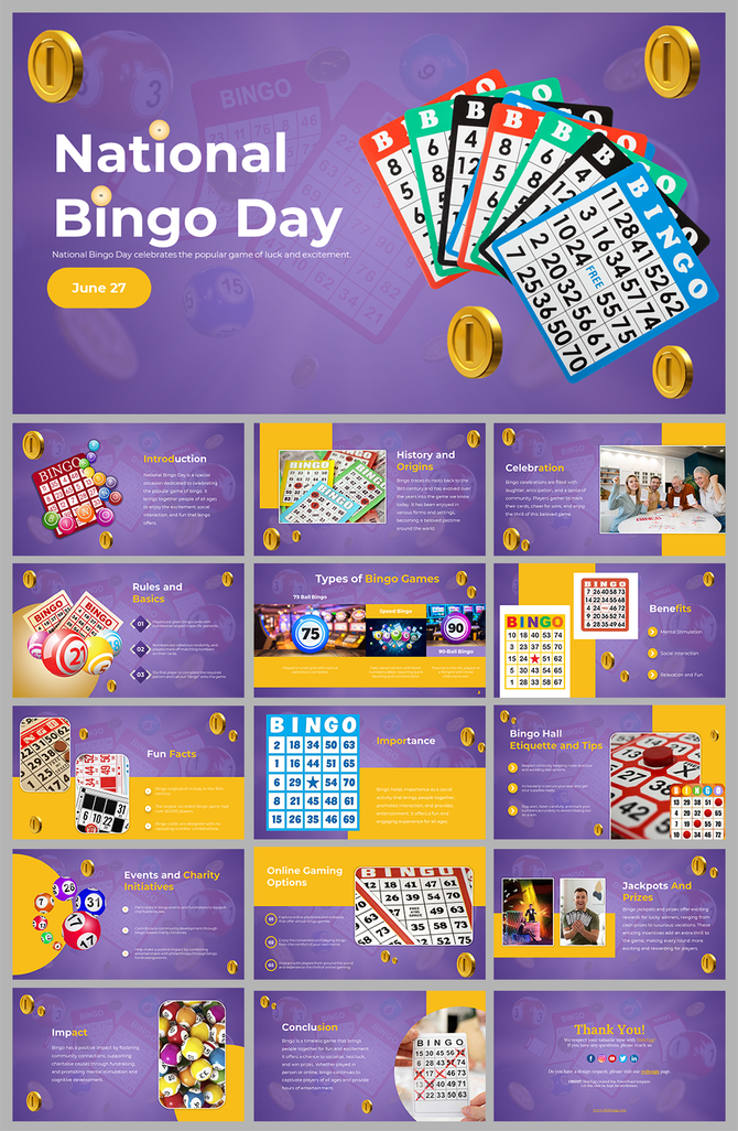 National Bingo day slides showcasing bingo cards, game types, rules, benefits, and history on a vibrant purple background.