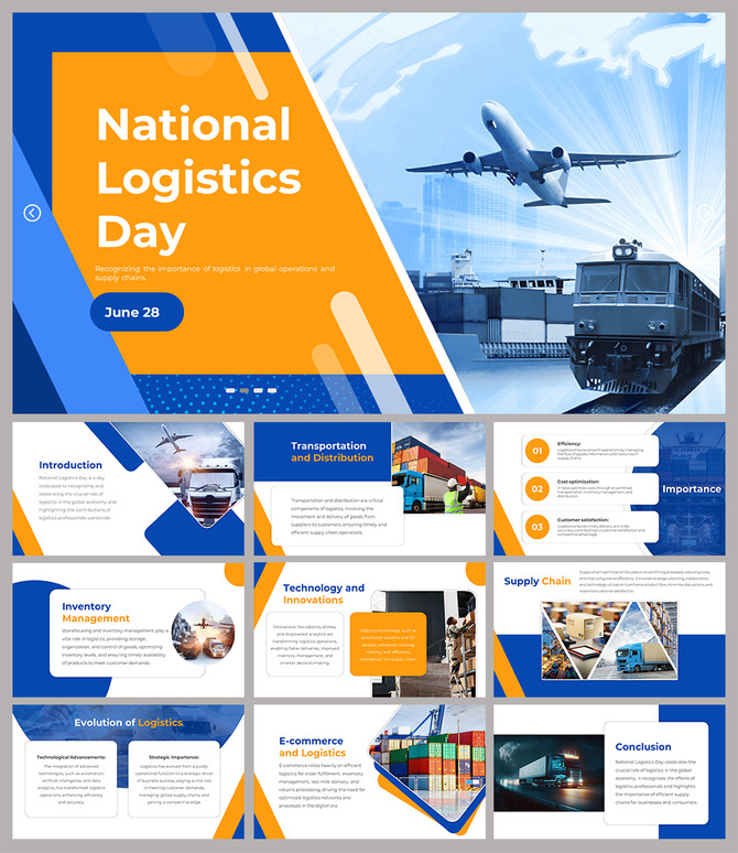 Slide deck on logistics with blue and orange design elements, showing transport modes like planes and trains.