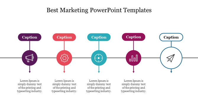 Marketing PowerPoint template with colorful icons of a megaphone, gear, chart, and airplane with placeholder text.