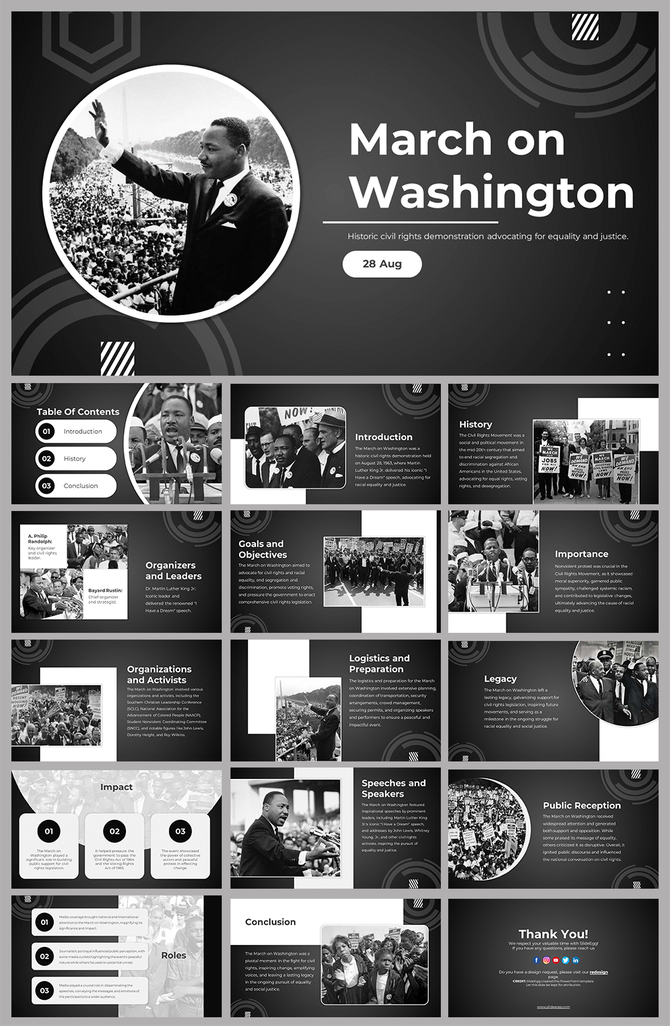 Slide deck cover for March on Washington with black-and-white photos and slide previews on civil rights history and activism.