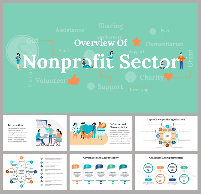 Slide pack on nonprofit sector with a green-themed cover, detailing organization types, governance, and opportunities.