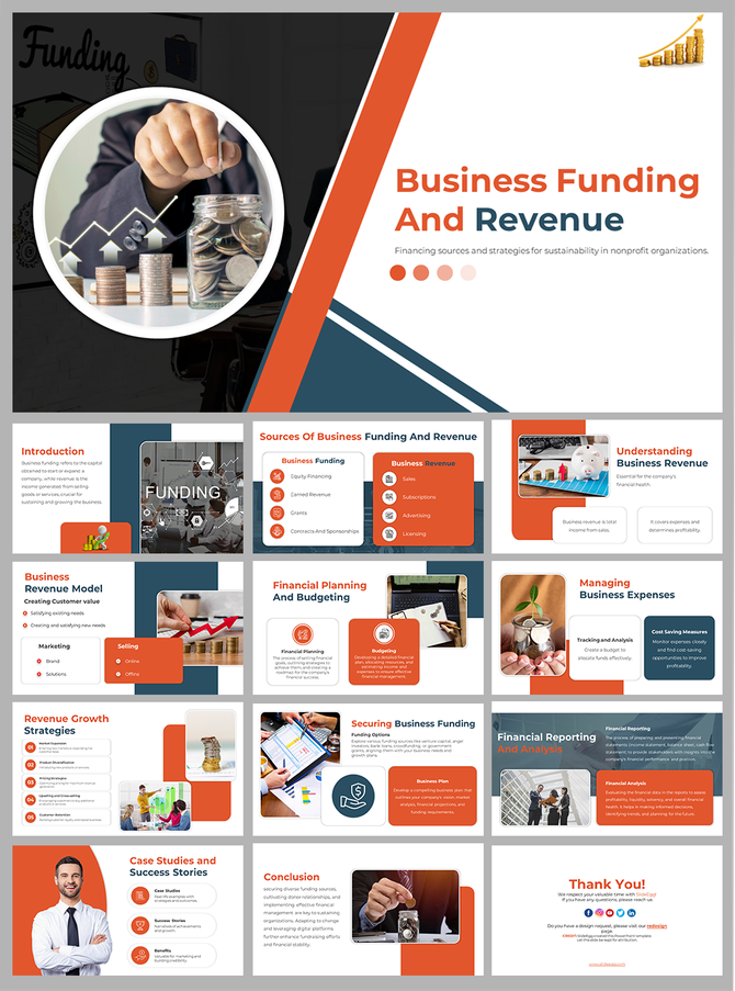 Alt: Business Funding and Revenue cover slide showing hand dropping coins into jar, stacked coins, growth arrow, and orange navy layout.