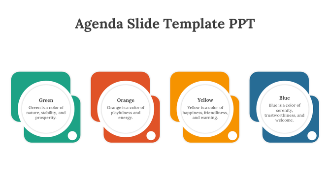 Agenda slide with four colorful square designs in green, orange, yellow, and blue, each containing text in a circular layout.