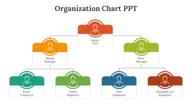 Organization chart showing a hierarchical structure with colored boxes representing different roles.