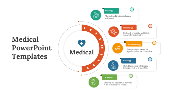Circular medical diagram with six colorful nodes linked with text boxes, arranged in a semi circle layout.