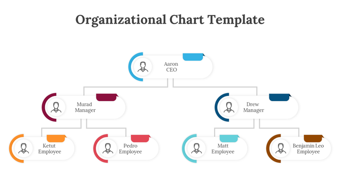 An organizational structure, with a CEO and managers and employees connected in a hierarchical flow, each in their own box.