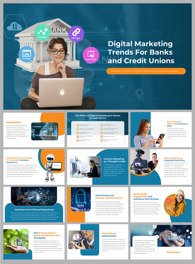 A pack of digital marketing trends for banks and credit unions slides covering various related topics with text descriptions.