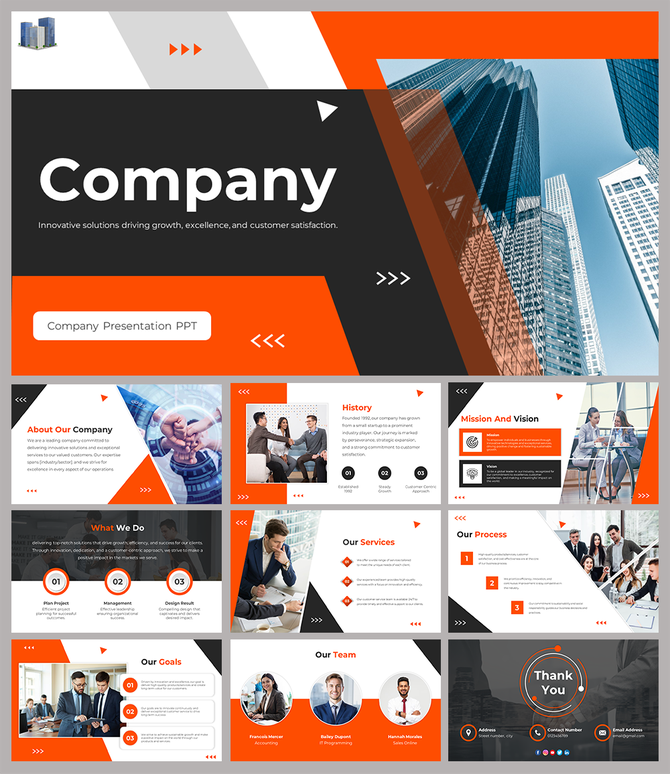 A dynamic company PowerPoint presentation template with modern slides and a corporate design.