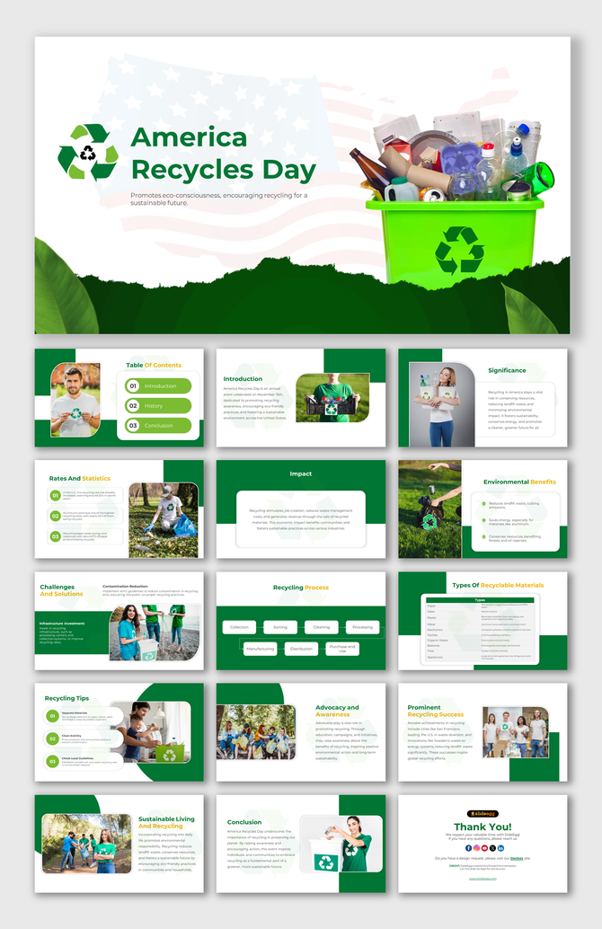 Visual deck promoting America Recycles Day with a focus on tips, process steps, awareness, and sustainability practices.