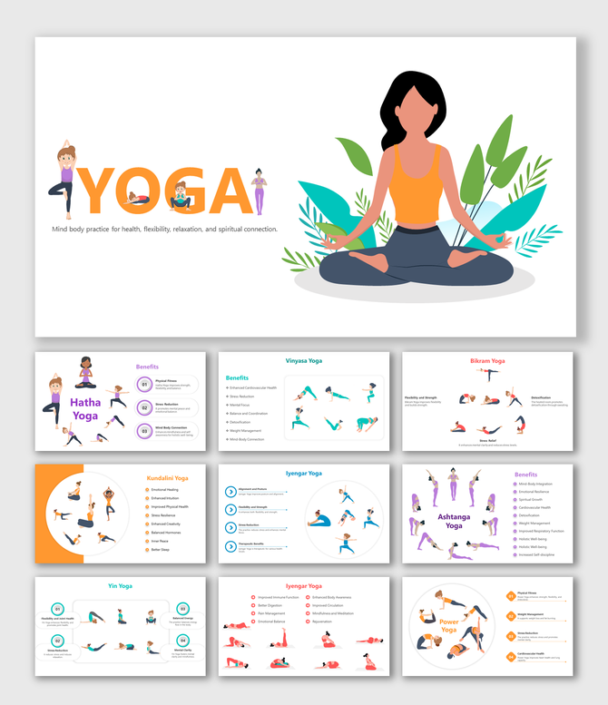 Slide deck with detailed sections on various yoga practices, including poses and benefits, using bright illustrations.
