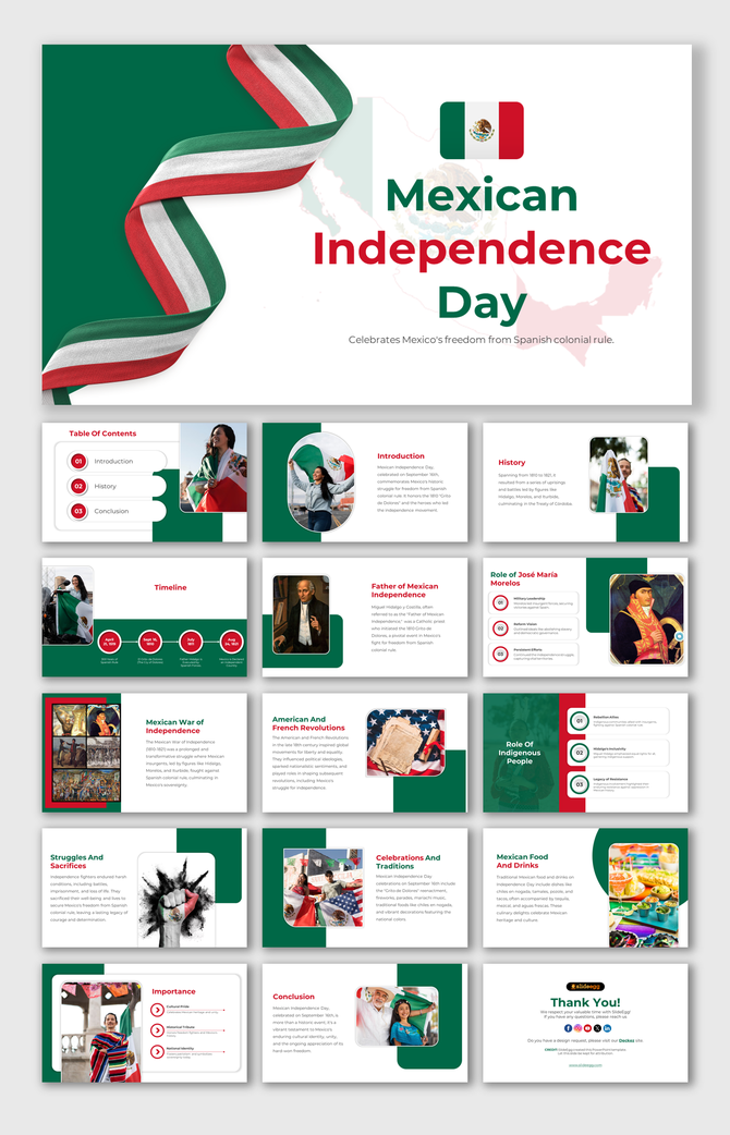 Slide deck on Mexican Independence day with green backgrounds, highlighting historical figures, events, and celebrations.