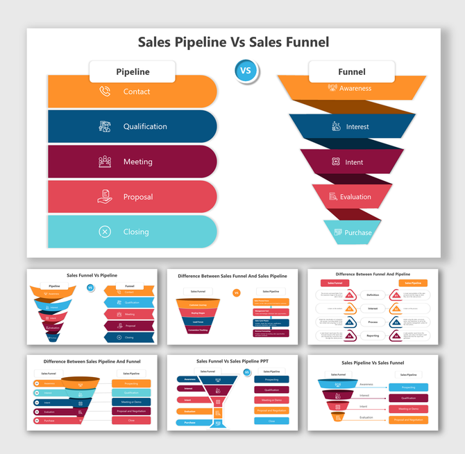 A slides comparing sales pipeline and sales funnel, showing stages with different colorful layout designs and icons.