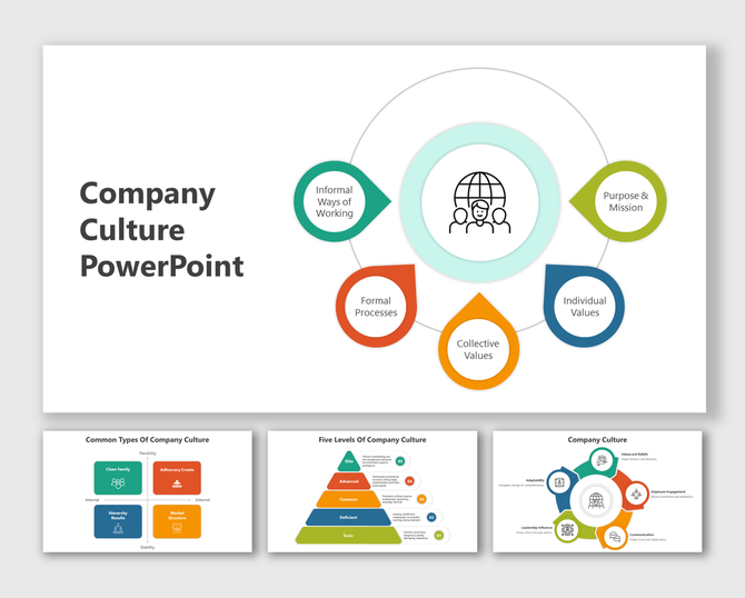 A pack of company culture slides with different designs colorful layouts and icons with text descriptions.