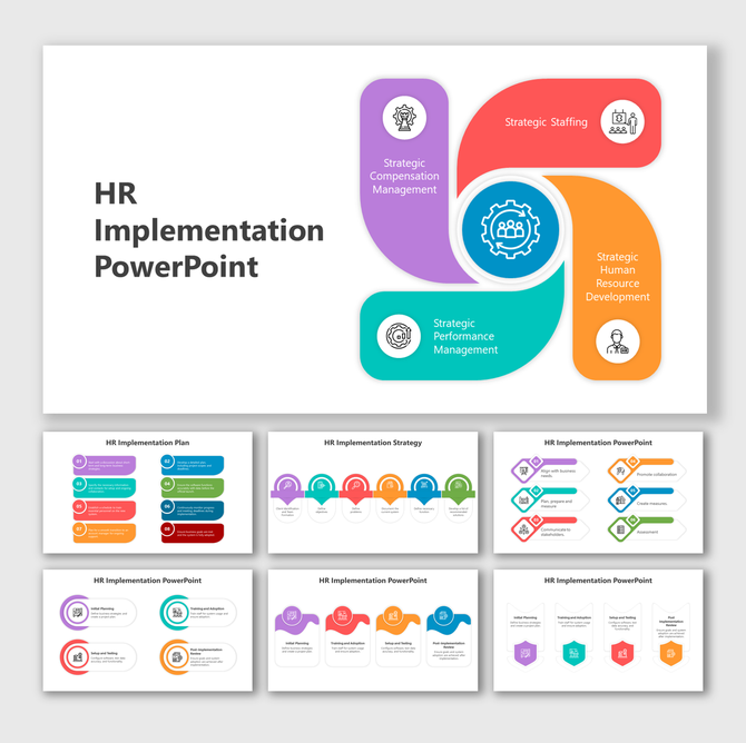 Human resources infographic slide deck with a central gear icon, surrounded by four labeled areas for HR strategy.