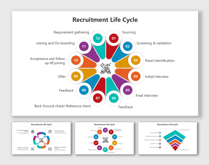 Collection of slides with circular flowcharts and a linear arrow diagram, all in vibrant colors.