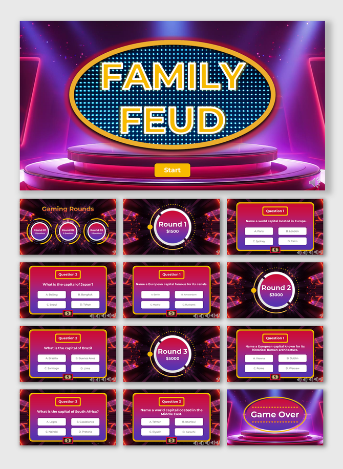 Family Feud presentation featuring glowing stage visuals, trivia rounds, score amounts, and answer options for each slide.