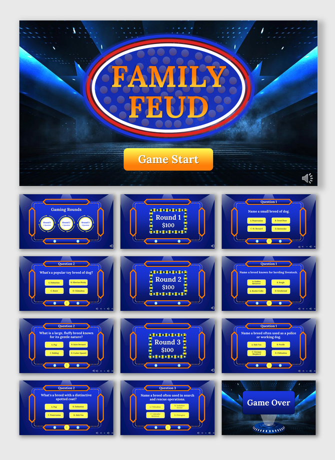 Interactive Family Feud slide deck with blue game board, question screens, multiple choice answers, and round titles.