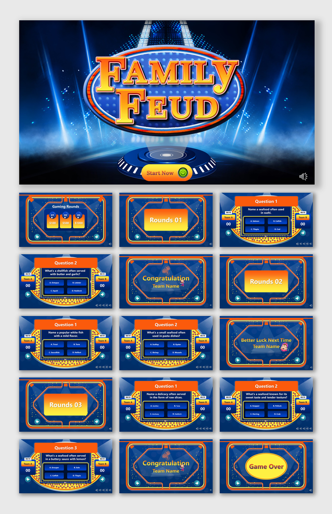 Family feud game slides, featuring colorful gaming rounds, questions, team scores, and congratulations screens.