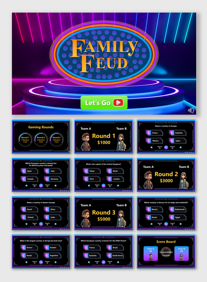 Family Feud-themed presentation with neon stage visuals and interactive gaming slides with caption areas.